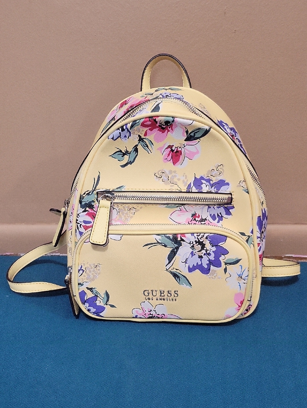 💐GUESS Yellow Floral Mini Backpack with Pastel Blooms with Matching Long Wallet